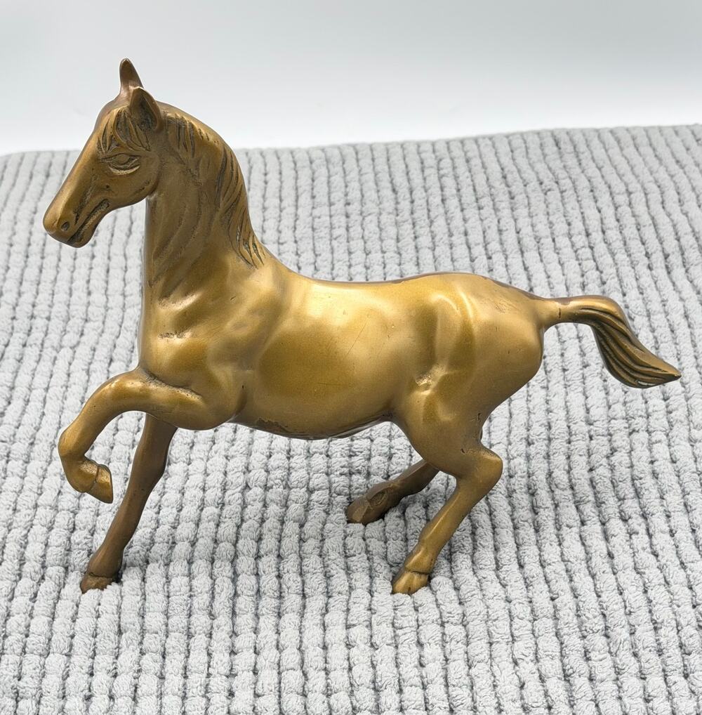 Vintage Equestrian Solid Brass Galloping Horse Sculpture Decor